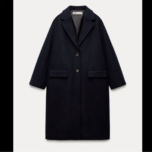 NWT Zara Wool Blend Oversized Long Coat Navy Blue Minimalist Chic Sz XS-S